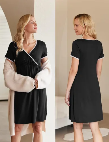Miniatura 3 de Ekouaer - Camisón de dormir de manga corta 3 en 1 para mujer, plisado, para lactancia, parto y maternidad, tallas S-XXL
