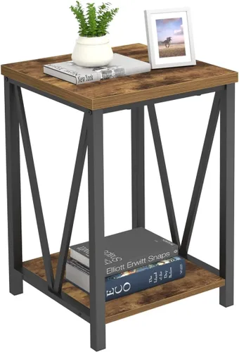 Miniatura 8 de EXCEFUR Mesa auxiliar, mesas auxiliares cuadradas para sala de estar, mesita de noche industrial de metal y madera para dormitorio, marrón rústico