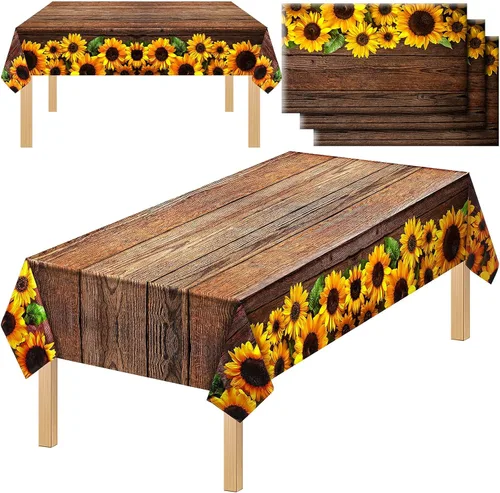 Miniatura 9 de Tegeme 1 mantel desechable con diseño de girasol de 42.5 x 70.8 pulgadas, mantel rectangular de plástico rústico vintage de grano de madera