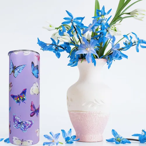 Miniatura 8 de IchDich Vaso de mariposa con tapa y popote de 20 onzas, vaso aislado de acero inoxidable con diseño de mariposa morada, botella de agua, taza