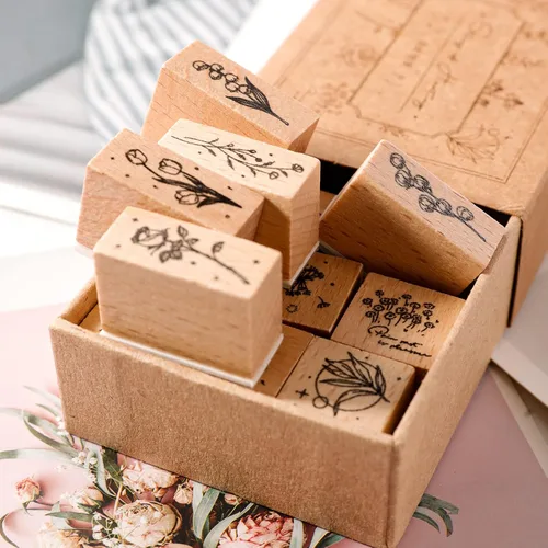 Juego de 12 sellos de goma de madera, diseño de flores vintage, para manualidades, álbumes de recortes, para diarios, planificadores, cartas,