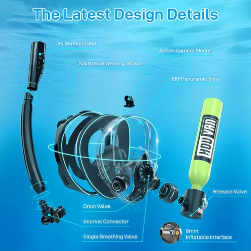 Miniatura 6 de Mini tanque de buceo con máscara de esnórquel 0.5L, tanque de buceo inflable con máscara de cara completa, botella de reserva Pony, tanque de aire