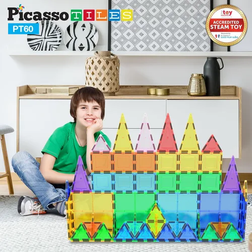 Miniatura 2 de PicassoTiles Paquete de construcción: 80 piezas de diamante + 60 piezas de azulejos magnéticos de bloques de construcción: juguete educativo STEAM