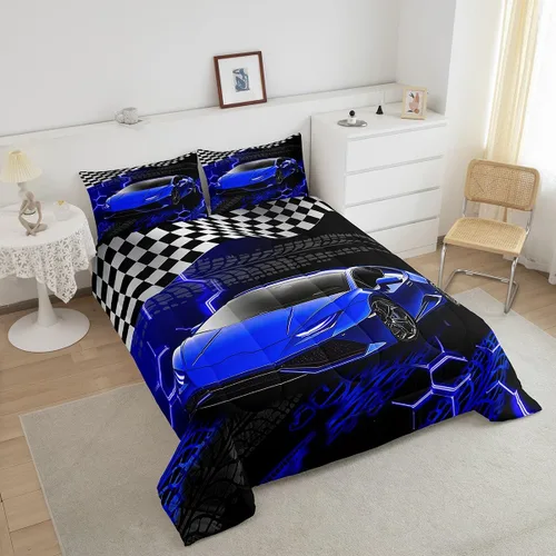 Miniatura 4 de Feelyou Juego de ropa de cama de coche de carreras para niños y niñas, tamaño individual, juego de edredón deportivo de velocidad para adolescentes