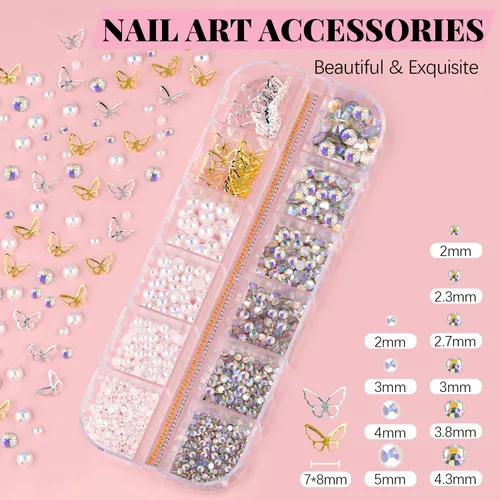 Miniatura 3 de Dijes para uñas 3D, kit de manicura con gel de pegamento de diamantes de imitación para uñas (curado UV), mariposa blanca rosa flor gemas AB 03-2