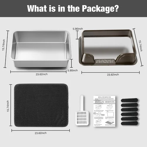 Miniatura 5 de Suhaco Caja extra grande de arena para gatos de acero inoxidable con tapa XXL Cajas de arena para gatos con lados altos incluidas Alfombrilla