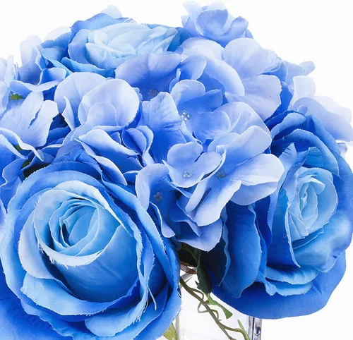Miniatura 3 de Arreglos de flores artificiales de seda de rosas y hortensias en jarrón de cristal para decoración del hogar y boda (azul)