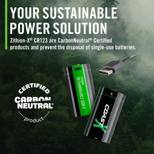 Miniatura 7 de Coast ZX - Baterías recargables CR123 USB-C, ZITHION-X, iones de litio de 1.5 V 1100 mAh, larga duración, se carga menos de 3 horas, cable de carga