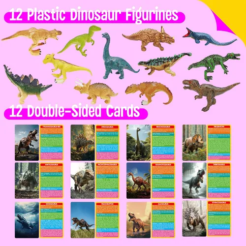 Miniatura 2 de SpriteGru 12 piezas de figuras de dinosaurios con 12 tarjetas de presentación, figuras de dinosaurios portátiles Montessori, juguetes educativos