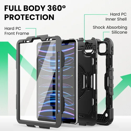 Miniatura 5 de SEYMAC Funda para iPad Pro 11 de 4ª, 3ª, 2ª, 1ª generación (2022/2021/2020/2018), funda protectora de cuerpo completo a prueba de golpes con Negro