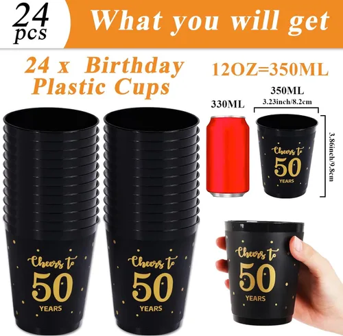 Miniatura 2 de 24 vasos de plástico reutilizables para cumpleaños de 50 años, regalos para fiestas de cumpleaños de 50 años, regalos de fiesta negros y dorados, 12