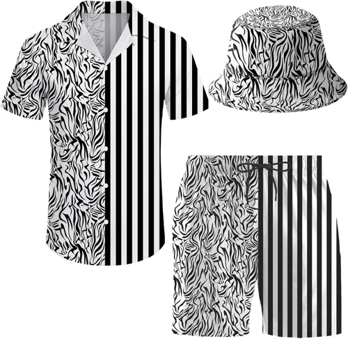 Miniatura 40 de Conjunto deportivo de 2 piezas para hombre, camisa hawaiana, pantalones cortos, camisa con botones y pantalones cortos con sombreros de pescador