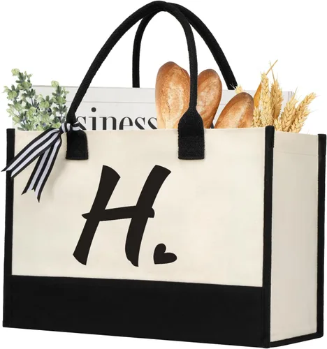 Miniatura 10 de shenee - Bolsa de lona con inicial, bolsa de yute personalizada para la playa, regalo de vacaciones para mujeres, cumpleaños de amigos, boda, año