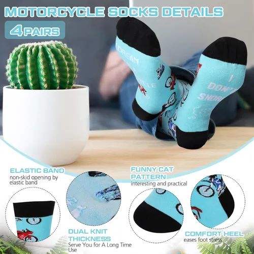 Miniatura 3 de Suhine 4 pares de calcetines divertidos para amantes de la motocicleta, con texto en inglés "I Don't Snore I Dream I'm a Motorcycle Crew Motorbike