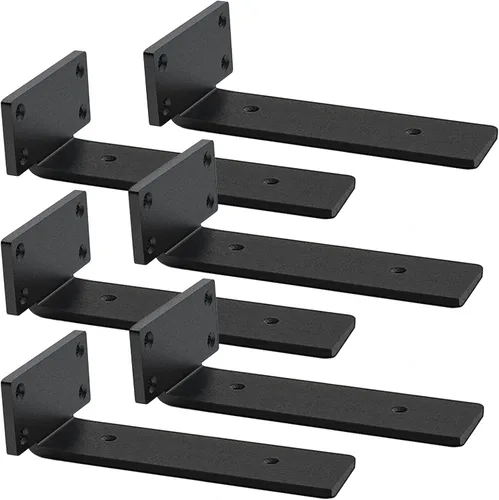 Miniatura 8 de Soportes de estante flotante resistentes - Soportes de L de metal negro industrial de 1/5 pulgada de espesor, soportes de estante de acero sólido
