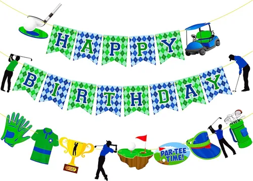 Miniatura 2 de Banners de fiesta de golf, 3 unidades, carteles de golf de feliz cumpleaños, guirnalda recortada para fiesta de golf, decoraciones de fiesta de golf