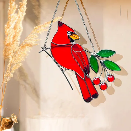 Miniatura 6 de Adornos de pájaros rojos, atrapasoles de vitral, colgante de vitrales cardenales, decoración cardenal para inauguración de la casa, regalos