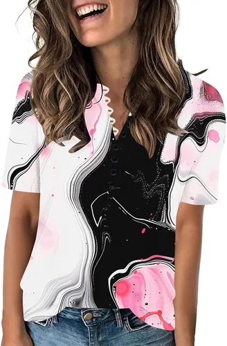 Miniatura 84 de Summer Shirts for Women 2025 Plus Size Short Sleeve Henley Tops Marble Floral Loose Tshirt Tee Casual Dressy Tunics