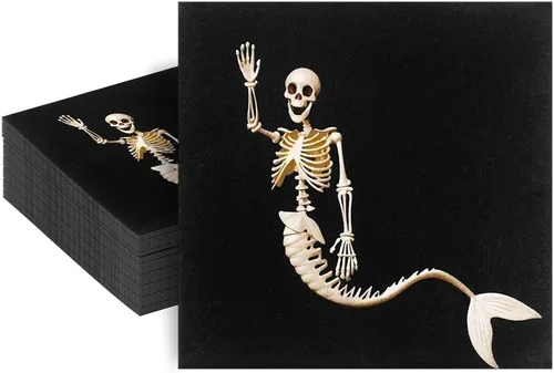 Miniatura 2 de 60 servilletas de Halloween – Servilletas de papel desechables de 6.5 x 6.5 pulgadas, servilletas negras de esqueleto de sirena para reuniones