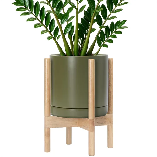 Miniatura 11 de D'vine Dev Maceta de cerámica con soporte de ébano – Maceta redonda moderna de 8 pulgadas con soporte para maceta de madera, color negro, 55-B-M-2