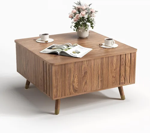 Miniatura 9 de JOINICE - Mesa auxiliar cuadrada con tapa elevable para sala estar u oficina en casa, con almacenamiento, compartimento oculto, estilo moderno Nogal
