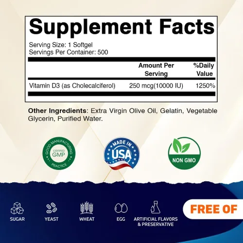 Miniatura 2 de Vitamatic Vitamina D3 10000 UI (250 mcg) - 500 cápsulas blandas (a base de aceite de oliva), sin OMG, sin gluten en mini cápsulas blandas prensadas