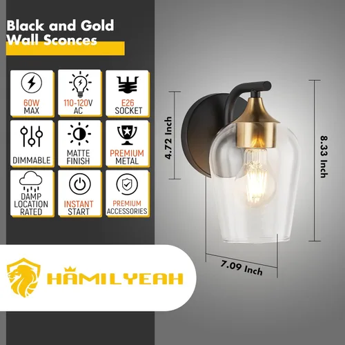 Miniatura 2 de Hamilyeah Juego de 2 apliques de pared dorados, apliques negros con pantalla de vidrio champán transparente, iluminación industrial para baño