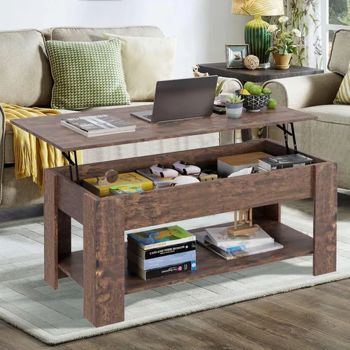 Miniatura 8 de Mesa auxiliar, mesa auxiliar de madera con compartimentos ocultos y estantes de almacenamiento, mesa de centro moderna de madera maciza con mesa