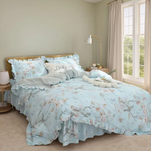 Miniatura 26 de FADFAY Juego de ropa de cama floral estilo campestre francés con estampado de pájaros azules, colección de faldas de cama, 800 hilos por pulgada