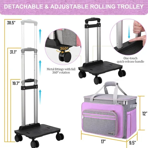 Miniatura 3 de FINESUN Funda para máquina de coser con ruedas, plegable, bolsa de transporte de lujo para máquina de coser para Brother, Singer, Janome y la Púrpura