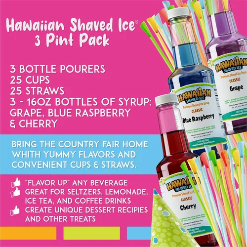Miniatura 7 de Hawaiian Shaved Ice Máquina de hielo afeitado S900A con kit de jarabe de cono de nieve de cereza, uva y frambuesa azul, también incluye vasos