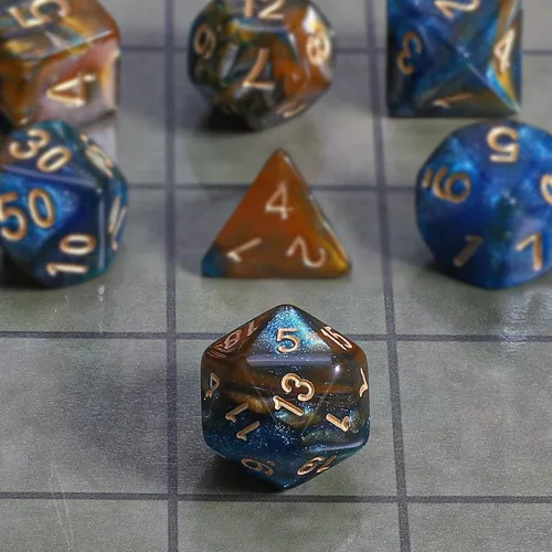 Miniatura 4 de CiaraQ DND - Juego de dados poliédricos con una bolsa de dados negra para juegos de mesa de rol D&D RPG MTG Azul mezclado con marrón + purpurina