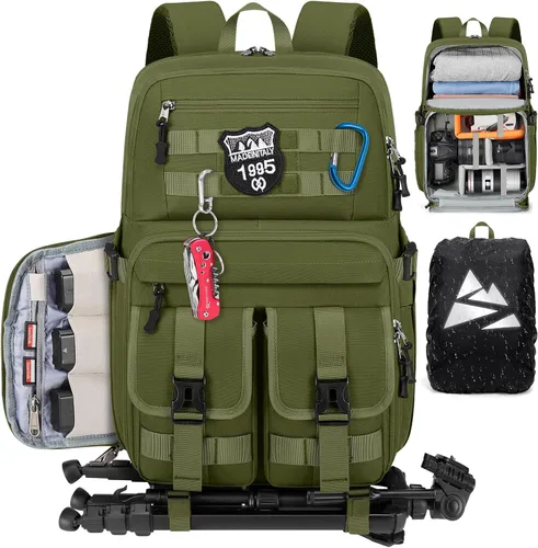 RAINSMORE Mochila para cámara DSLR/SLR/SLR/sin espejo para fotógrafos de 15.6 pulgadas, impermeable, táctica, para fotografía, con cubierta para