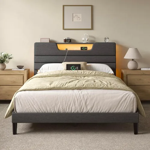 Miniatura 11 de OURPIC - Marcos de cama tamaño Queen con cabecero tapizado, cama moderna con plataforma y estación de carga y luces LED, marco de cama con listones
