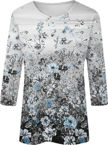 Miniatura 91 de Camisetas de manga 3/4 para mujer, cuello redondo, holgadas, casuales, con estampado floral, camisetas de moda para el trabajo de negocios