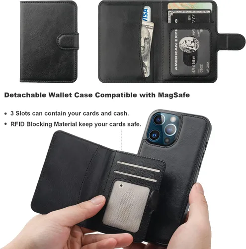 Miniatura 6 de Bocasal Funda tipo cartera para iPhone 13 Pro Max compatible con MagSafe magnético RFID bloqueo desmontable de piel sintética de alta calidad