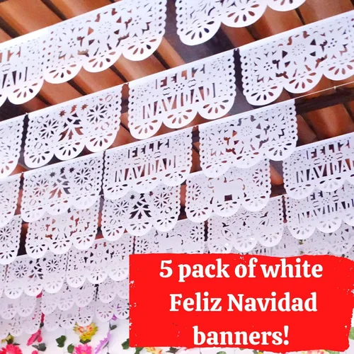 Miniatura 3 de Decoración de Feliz Navidad, papel picado mexicano blanco, paquete de 5 carteles de Feliz Navidad para fiesta de Navidad, hecho de papel de seda