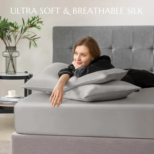 Miniatura 14 de THXSILK Juego de sábanas bajeras de 100% seda de morera, 3 piezas de seda 7A+, transpirable, suave, sábana bajera de 16 pulgadas de profundidad, 2