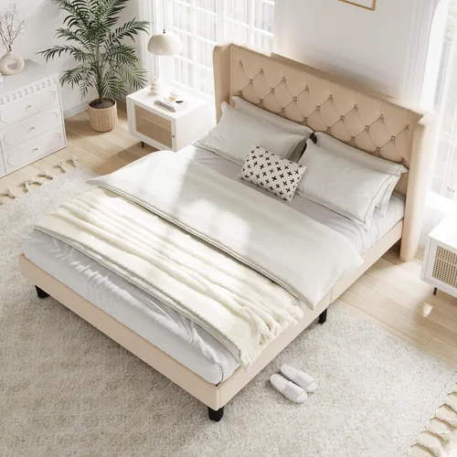 Miniatura 8 de Allewie Base de cama de tamaño matrimonial con cabecera copetuda con botones en la parte trasera, marco de cama tapizado moderno con soporte