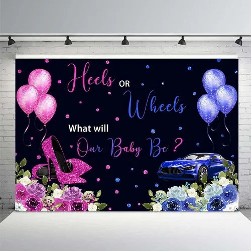 Miniatura 2 de MEHOFOND Talones o ruedas de 7 x 5 pies, fondo de revelación de género, globos fucsia o azul, sorpresa de género floral, baby shower, fiesta, mesa