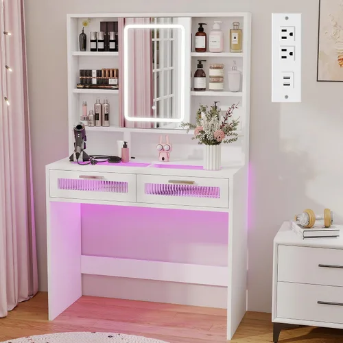 Miniatura 12 de Hadulcet Escritorio de tocador negro con espejo deslizante y luces LED, mesa de tocador de vidrio de 35.5 pulgadas con tomas de corriente, cajones