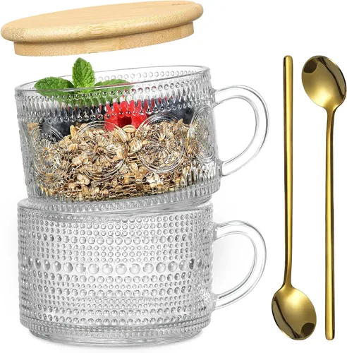 Tazas de café vintage, contenedores de avena nocturna con tapas y cucharas de bambú - Tazas de vidrio claro grabado de 14oz, lindos accesorios de