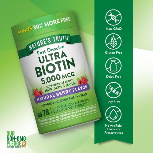 Miniatura 3 de Nature's Truth Biotin 5000mcg 78 tabletas de disolución rápida Sabor natural de bayas Vegano, sin OMG y sin gluten