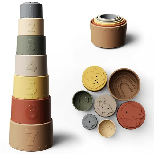 Moonkie Juguete de tazas apilables, juguetes educativos divertidos para bebés, juguete de dentición suave de silicona, a partir de 6 meses, juego de