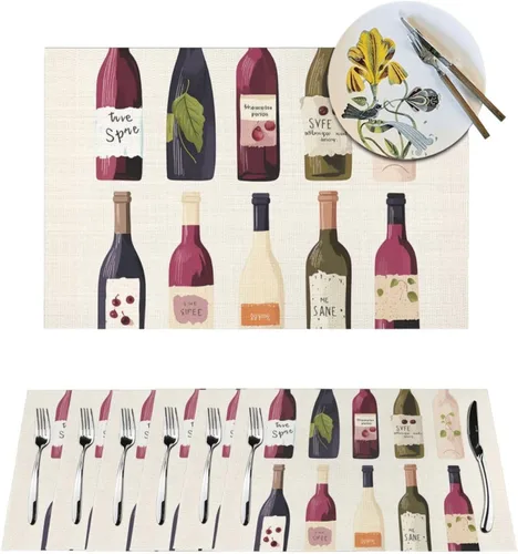 6 PCS PVC Placemats Set Place Mats Cute Wines Bottle Non-Slip Weave Place Mats 12" x 18" Farmhouse Table Mat Set for Family Dinners Wedding Parties
