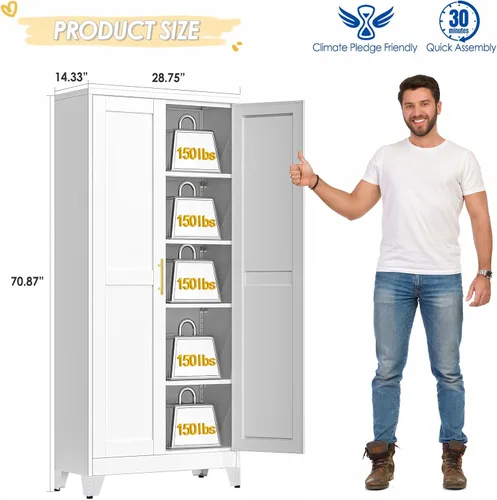Miniatura 2 de GAIOUS Armario de almacenamiento de metal de 71 pulgadas de alto con 2 puertas y 4 estantes ajustables, armario de despensa de cocina, armario Blanco