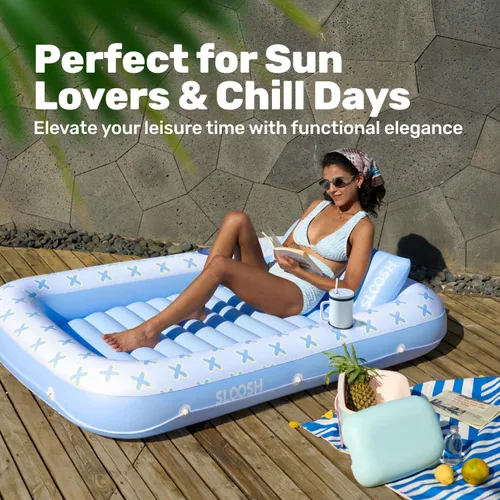 Miniatura 8 de SLOOSH Inflatable Tanning Pool Lounger Float, 70" x 46" Pool Floats Adult with Pillow, 4 in 1 Suntan Tub Raft Floatie,Sunbathing Bed Lounge for