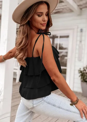Miniatura 5 de KIRUNDO Blusa tipo babydoll con volantes y tirantes delgados para mujer, para verano, en capas, para playa, moda, vacaciones, crucero