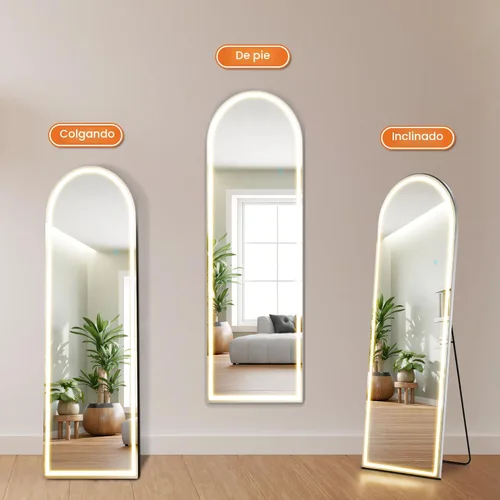 Miniatura 4 de Sweetcrispy Espejo Arqueado de Cuerpo Entero con Luces LED, Espejo de Piso Iluminado de 63"x21" con Atenuación e Iluminación de 3 Colores, Soporte