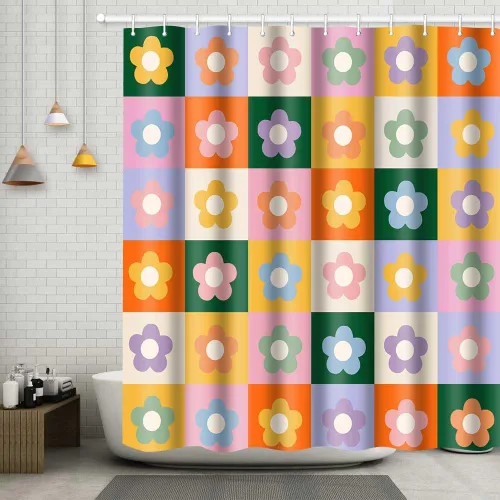 Miniatura 15 de Retro Flower Checkered Shower Curtain Black White Vintage Floral Plaid Fabric Shower Curtians 72x72Inch Washable Groovy Aesthetic Modern Hippie Boho